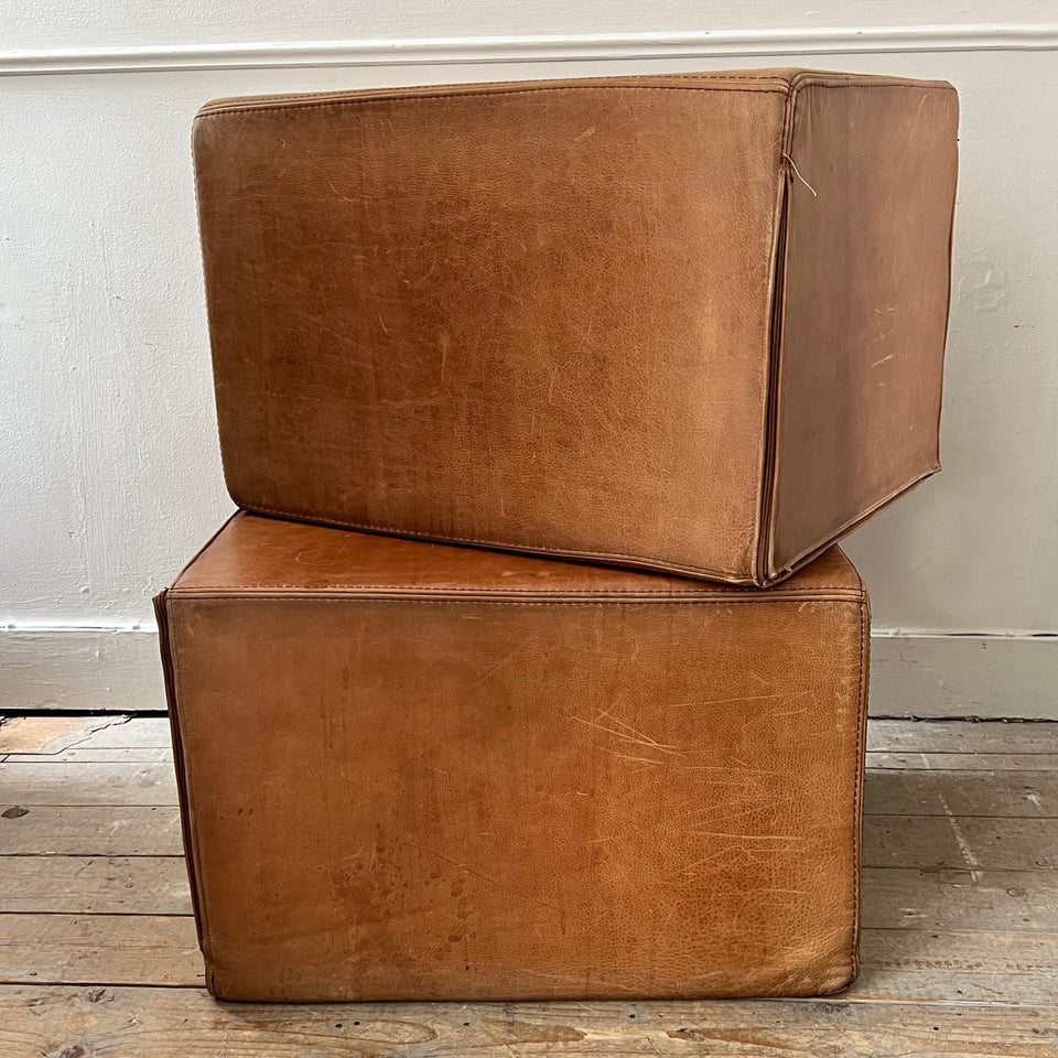 Pair Leather Pouffes